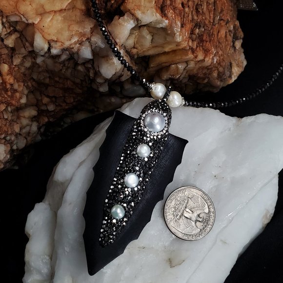 Genuine Pearl Arrow Pendant Silver Crystals Necklace Unique Designer Jewelry - Picture 4 of 8